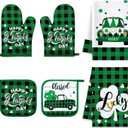 Bencailor 6 Pcs St. Patrick's Day Kitchen Decor Set Kitchen Towels Oven Mitts Pot Holder Irish Shamrocks Leprechauns Gnome Lucky Party Gifts Decorations for Home Housewarming (Green)