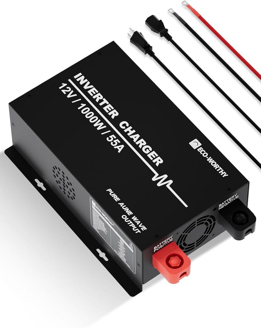 ECO-WORTHY 1000W Pure Sine Wave Inverter Charger, Power Inverter with 55A LiFePO4 Battery Charger with 20ms UPS,12V to 110V for RV Home Roadtrip Essentials Deep Cycle Rechargeable Battery