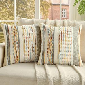FUTEI 2 Pack Tufted Throw Pillow Covers Covers 45x45 cm,Rust+Blue+Yellow | Plush Tufted Striped Chenille Front/Premium Velvet Back,Hidden Zipper,Machine Washable,Non-Shedding,Colorfast,No Inserts.