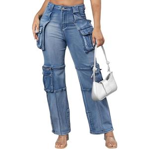 Ryehack Jeans Cargo Pants for Women Y2K Straight Leg Side Zipper Denim Pants with Pockets Stretch Jeans Streetwear, XL