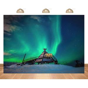 7x5ft Fabric Aurora Backdrop Beautiful Northern Lights Starry Sky Wooden Observation Deck for Birthday Party Backdrop Photography Studio Props