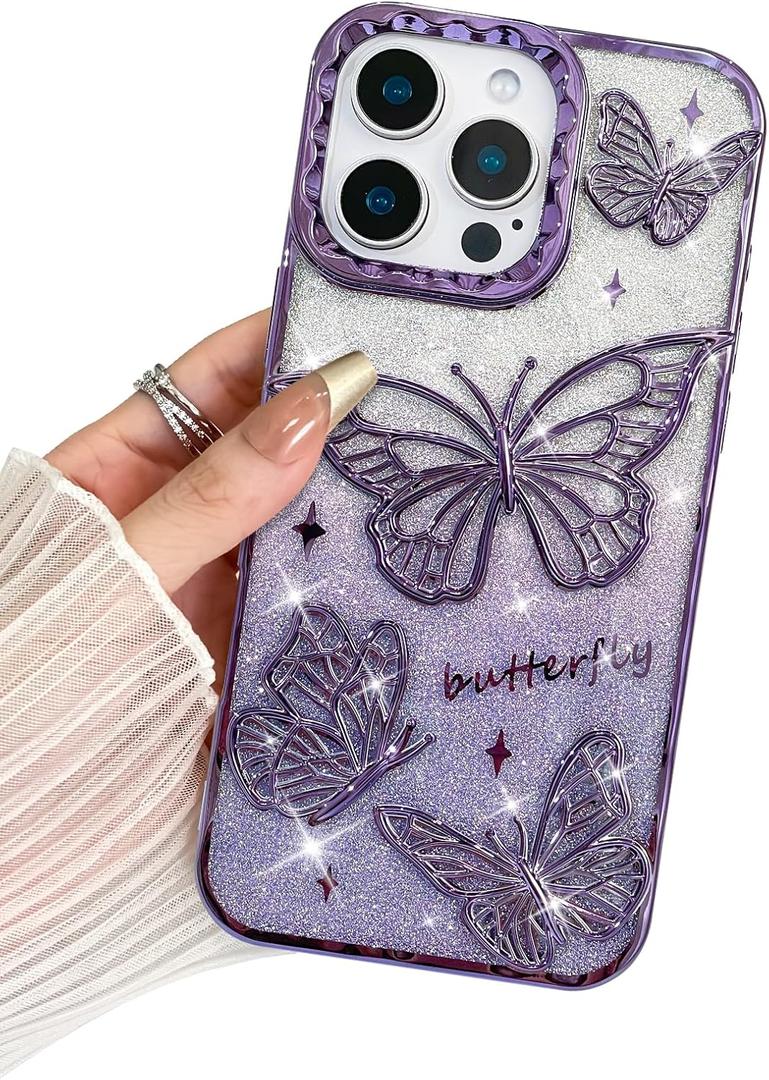 BITOBE Designed for iPhone 16 Pro, Cute 3D Butterfly Case Slim Plating Glitter Bling Luxury Cover for Women Girls Protective Camera Protection Bumper 6.3" Purple