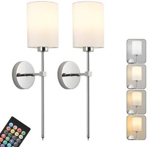 Battery Operated Wall Sconce Set of Two,Wireless Rechargeable Wall Light With Remote Control, Dimmable, 1800K/3000K/4000K/6000K/RGB, Timer, for Living Room, Bedroom, Fireplace, TV, 26.8 Inch, Chrome