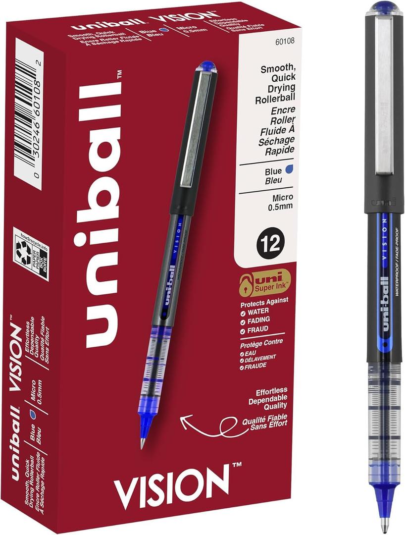 Uniball Vision Rollerball Pen - 12 Pack, Blue Pens, 0.5mm Micro Tip Size - Smooth Writing Japanese Pens, School Supplies