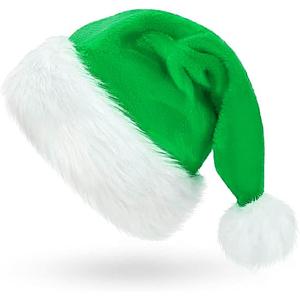 Santa Hat for Adults, Green Plush Santa Hats Velvet Christmas Hat for Home Decoration Party Supplies, Pack of 11