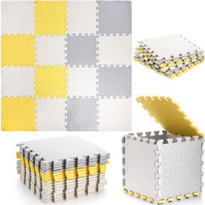 Tebery 16 Pieces Nonslip Interlocking Foam Tiles Puzzle Floor Mats with Border, 1/2-Inch Thick Squares Baby Play Mat Exercise Mat for Gyms, Yoga, Outdoor Workout, Kids(White/Gray/Yellow)