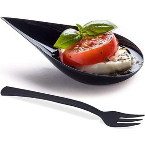 DLux 100 4-in Tear Drop Mini Appetizer Plates with Forks,Reusable Black Plastic Spoons - Desserts and Appetizers Dishes Serving Plate - Asian Spoon Set, Small Catering Dessert Tasting Cups