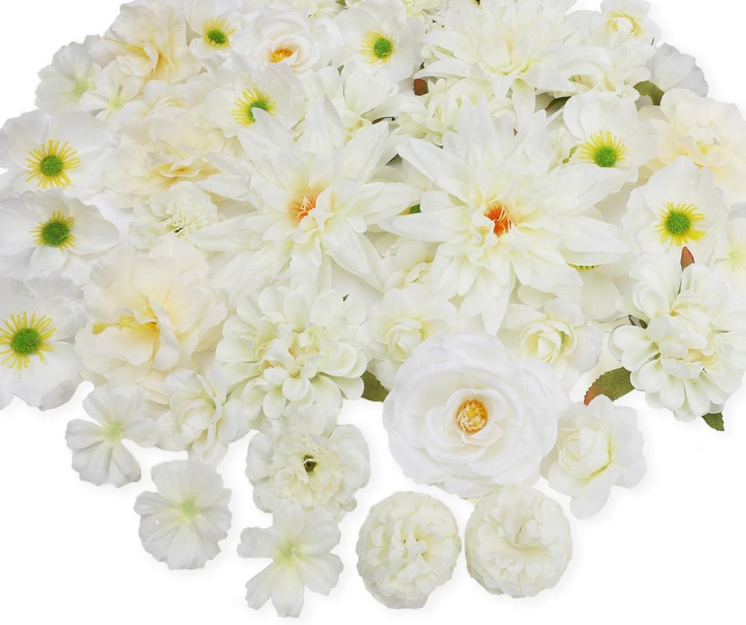 56 PCS Artificial Flower Heads White Bulk Fake Rose Peony Hydrangea Faux Flowers Small for Crafts Wedding Hair Cap Dresses Cake Baby Shower Decorations
