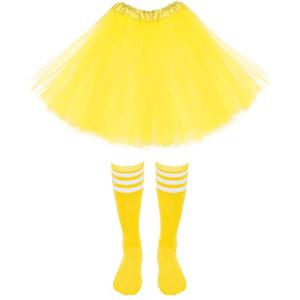 Haakong 2 Pcs 80s Costume Set Yellow Tutu Women with Tube Socks Layered Tulle Tutu Skirt for Women Halloween Cosplay Dress up(Yellow)