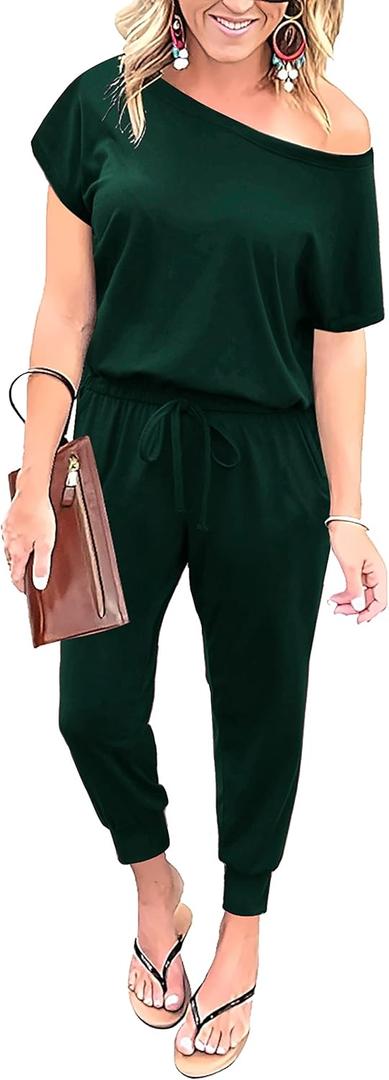 KAY SINN Summer Jumpsuit Rompers Off Shoulder for Women with Pockets Casual Elastic Waist (3X-Large, Green)