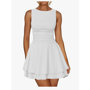 Kaximil Women's Ruffle Hem Boat Neck Mini Dress Sleeveless Ruched Corset Short Party Dresses, Size M