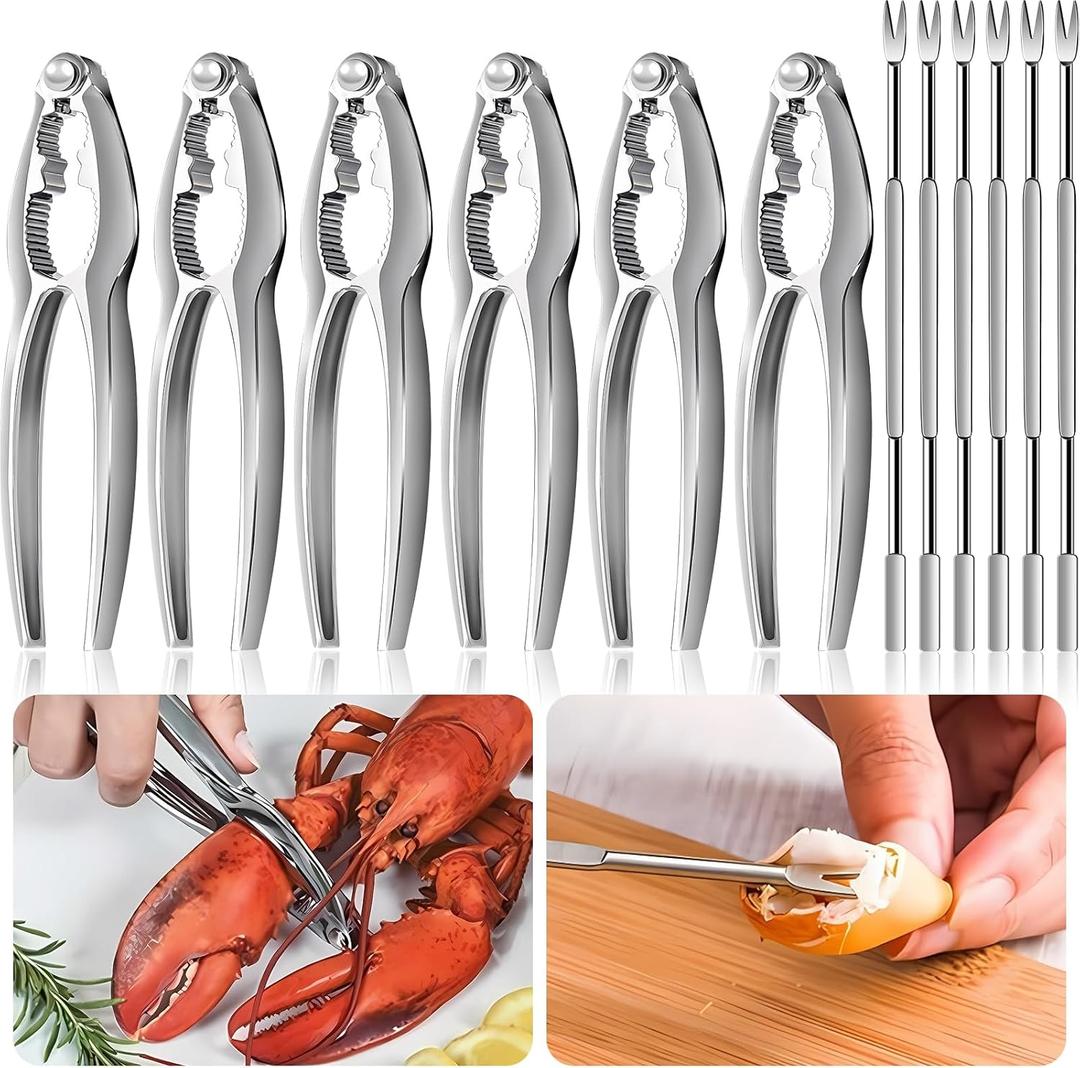 12 Pcs Crab Crackers and Tools, Nut Cracker Set Contain 6 Nut Crackers and 6 Stainless Steel Forks, Crab Leg Crackers Set for Seafood Boil Party Supplies, Dishwasher Safe