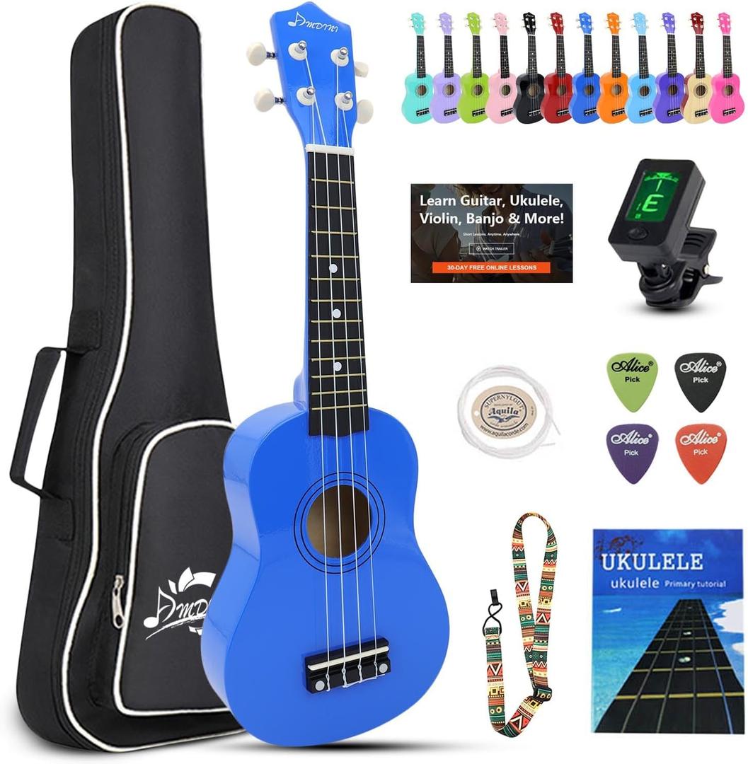Ukulele for Beginners Hawaiian Wood Soprano Ukelele Starter Kit for Kids Adult Student Ukalelee Uke Bundle Pack with Free Lessons Gig Bag Tuner Strap Picks Nylon Strings (Navy Blue, 21 Inch)