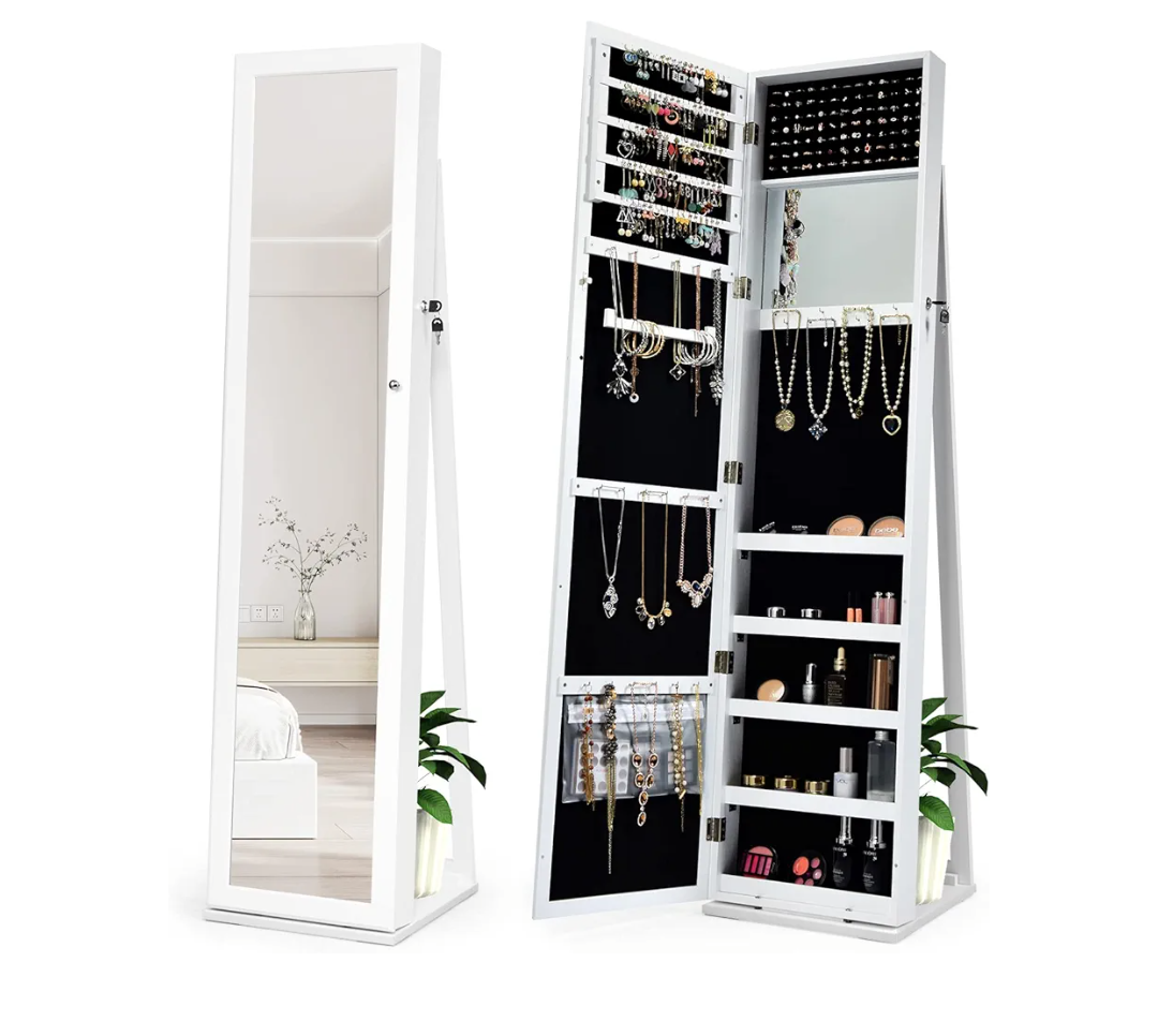 B0BJ2LFZQS Product Dimensions ‎15 x 14.5 x 62 inches Standing Jewelry Cabinet, Large Capacity Jewelry Organizer w/Full-Length Mirror & Rear Storage Shelves, Lockable Mirror Jewelry Armoire with Keys for Girls Women (White)