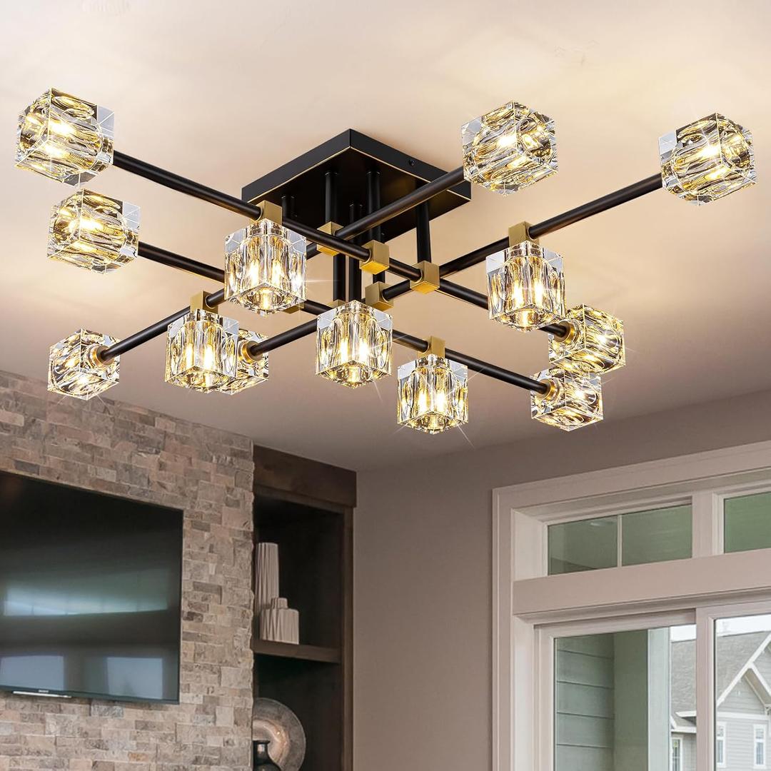 Semi Flush Mount Ceiling Light Fixture,13-Lights Modern Crystal Light Fixture,Black and Gold Modern Crystal Chandelier, Sputnik Chandeliers for Dining Room Kitchen Island Bedroom Living Room