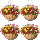 4 Pack 16 Inch Hanging Baskets for Plants Outdoor Metal Hanging Planter Basket with Coco Coir Liner Hanging Flower Baskets Hanging Flower Pots Holder for Garden, Patio(Watermelon)