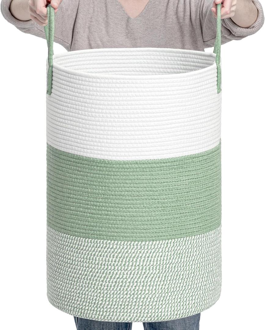 CLHMILY&Z 60L Laundry Basket Round Storage Rope Basket - 15x20.5 Inches - Green Hamper in Bedreoom and Cute Storage Bin for Blankets, Toys, and Nursery Essentials