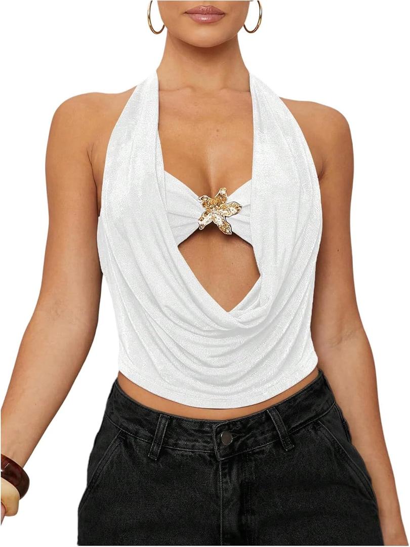 SOLY HUX Women's Halter Top Cut Out Draped Front Sleeveless Tie Backless Crop Tank Tops (White, Small)