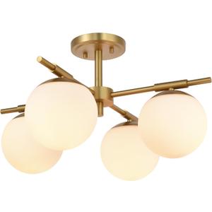 4 Light Semi Flush Mount Ceiling Light Fixture Aged Brass Light Fixture with Globe Milk Glass Shade for Bedroom, Living Room, Dinning Room, Foyer Hallway Corridor Laundry Room Bar