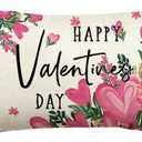 AVOIN colorlife Happy Valentine's Day Love Heart Pink Flowers Throw Pillow Cover, 12 x 20 Inch Green Leaves Anniversary Wedding Cushion Case Decoration for Sofa Couch