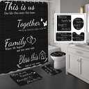 juwute 4Pcs Family Shower Curtain Sets with Non-Slip Rugs, Toilet Lid Cover and Bath Mat, Black Home Bathroom Decor Set Accessories Waterproof Shower Curtains with 12 Hooks, 72 x 72 Inch