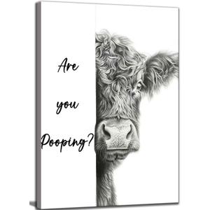 Funny Highland Cow Bathroom Canvas Wall Art Cute Animal Are You Pooping Painting Picture Wall Decor Black White Animal Bathroom Poster Print Artwork for Bedroom Toilet Home Decoration (24"L x 16"W)