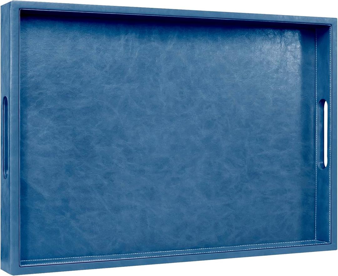 LNFUMS 20 x 14 inches Leather Rectangle Serving Tray with Hole Handles,High-End Light Large Service Tray for Ottoman Tray, Tea, Food, Butler - Countertop, Kitchen,Family Dinner, Picnic (Blue)