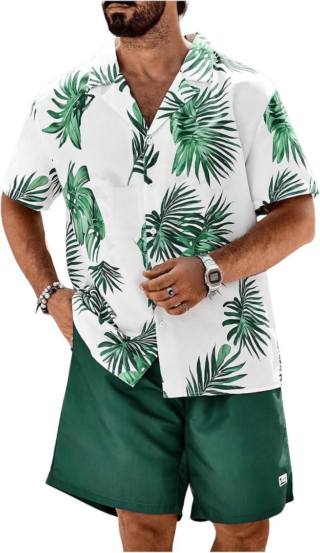 Men's Plus Size 2 Pieces Outfit Tropical Print Button Down Shirt and Drawstring Waist Shorts Sets (6X-Large, Green)