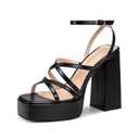 ISNOM Platform Chunky Heels for Women, Block Heel Sandals with Open Square Toe and Ankle Strap, 6