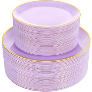 PULOTE 100PCS Purple Plastic Plates Disposable - Include 50 Dinner / 50 Dessert Plates Heavy Duty for Party, Wedding&Birthday