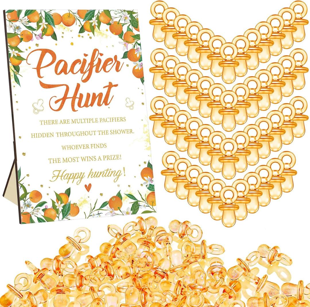 Thyle 51 Pcs Little Cutie Pacifier Hunt Baby Shower Games Include Orange Theme Hunt Sign and 50 Acrylic Pacifiers A Little Cutie Is On The Way Baby Shower Game Decoration for Gender Reveal Party Decor