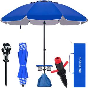 HOMEDEMO 8FT Large Beach Umbrella with Weight Bag & Sand Anchor, Outdoor Umbrellas with Adjustable Aluminum Pole and Table, Heavy Duty Windproof & UPF 50+