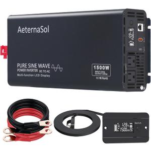 Pure Sine Wave Inverter 1500 Watt Inverter 12V DC to 110V-120V AC Converter for Vehicle RV Truck Camping Solar Home with 2 AC Outlets, USB Fast Charge & Type-C, Remote Monitor, Surge 3000W