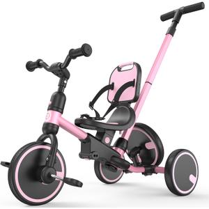 besrey 5-in-1 Toddler Tricycle with Push Handle, Grow with Me Kids Trike for 1-3 Years, Balance Bike & Tricycle, Adjustable Parent Steering, Safety Seat with Backrest (Pink)