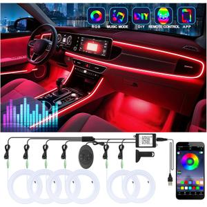6 in 1 Car Led Strip Lights with App Control, RGB Colors Interior Car Lights, Ambient Led Lighting Kit, 4 Light Flashing Modes, USB Neon Accessories for Doors, Center Console