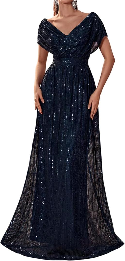 Women's Sequin V-Neck Short Sleeve A-Line Evening Dress Elegant Evening Dresses Party Gowns (Blue, XL)