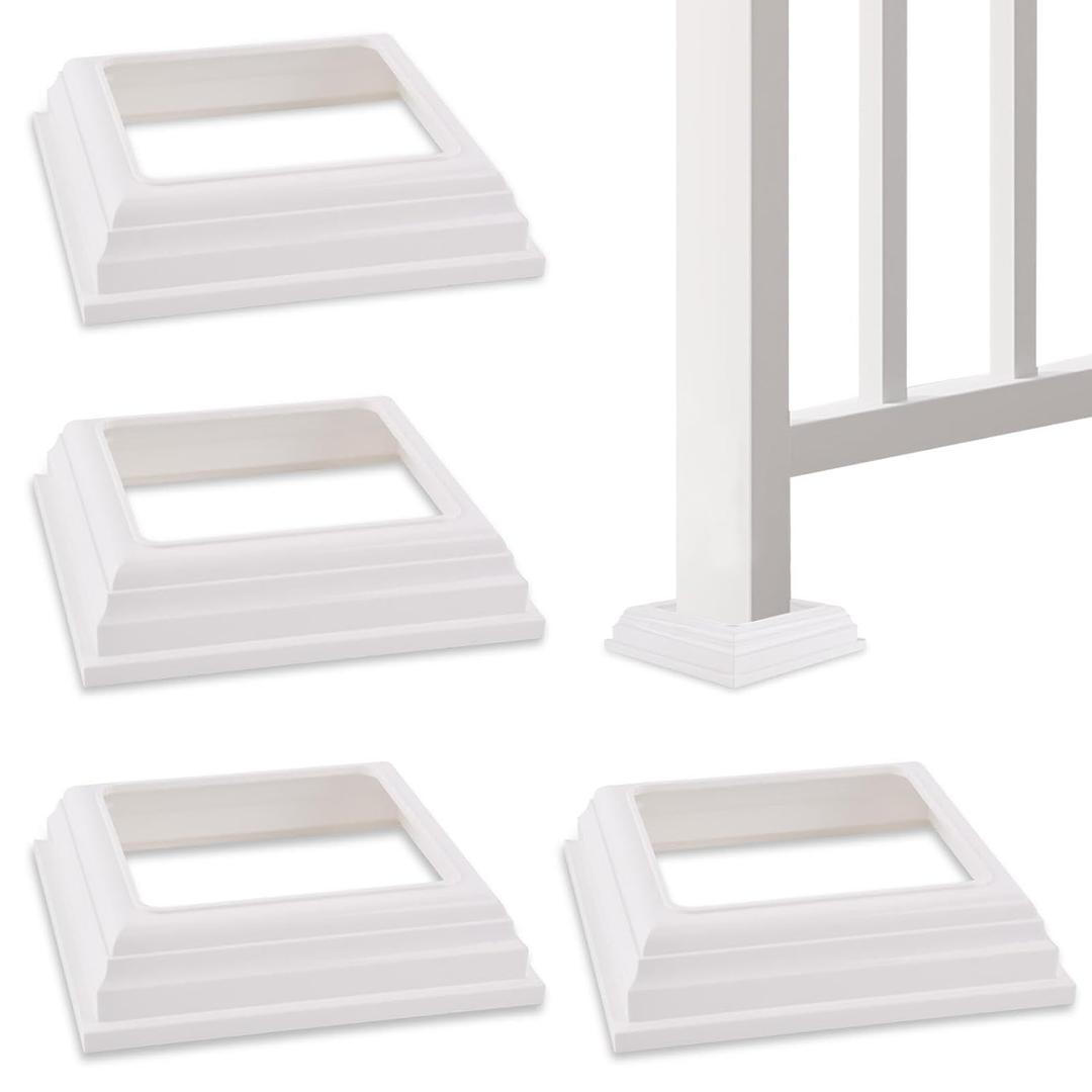 4 x 4 Post Base Cover,4pcs Split Type Post Skirt,Vinyl White Post Trim PVC Post Cover,Column Wraps for Porch Fence Stair Handrail Railing Porch Wood Vinyl Post