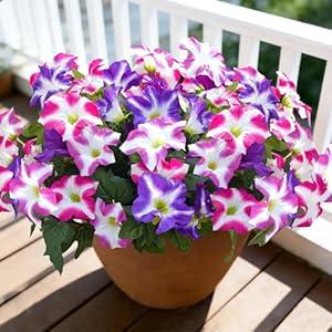 FULLMUSIC Spring Artificial Flowers for Outdoors, 4PCS UV Resistant Fake Morning Glory, Look Real Faux Silk Plants for Front Door Garden Porch Planter