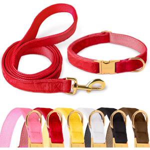 GAMUDA Velvet Dog Collar and Leash, Super Soft and Smooth, Heavy Duty Gold Buckle, Comfortable and Easy to Clean, Adjustable Collar for Dog (S, Red)