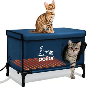 Polita Indestructible Heated Cat House for Outdoor Cats All Seasons, Extremely Insulated & 100% Weatherproof, Elevated Feral Cat Shelter with Waterproof Eaves &Safe Escape Door for Stray & Barn Cats (Dark Blue)