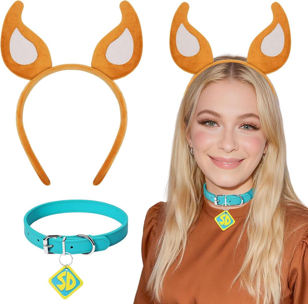 Dog Ears and Collar Costume for Adult Women Men Humans, Costume Accessories Dog Headband Choker with Tag for Halloween Party (Blue)