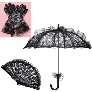 Lace Parasol Set Halloween Black Lace Umbrella Parasol Vintage Embroidery Umbrella Black Flower Gloves Handheld Folding Fan for Weeding Bridal Dancing Party Halloween Cosplay