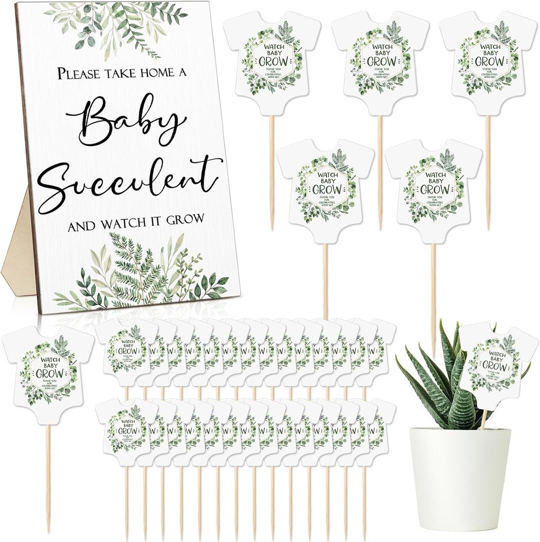 Newcotte Baby Shower Party Favors Succulent Tags Include 1 Piece Wooden Table Sign 50 Sets Succulent Plant Marker Succulent Favors Baby Shower Decoration(Greenery)