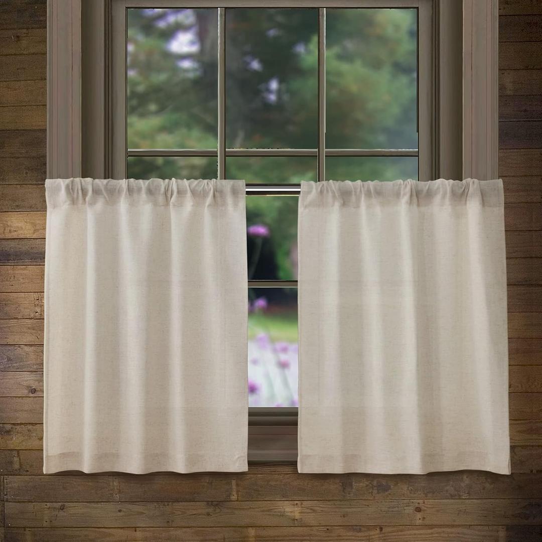 Valea Home Linen Kitchen Curtains 24 Inch Length Rustic Farmhouse Crude Short Cafe Curtains Rod Pocket Tiers for Small Window Bathroom Basement, Natural, 2 Panels, 26"W x 24"L