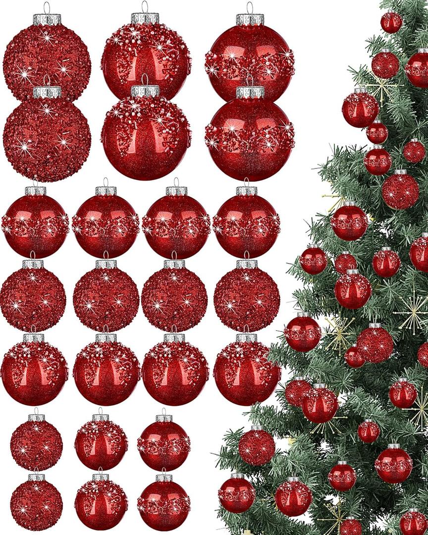 Civaner 24 Pcs Glitter Christmas Ball Ornaments Set 3.2'' 2.4'' 1.6'' Christmas Tree Ornaments Hanging Sequin Shatterproof Balls for Xmas Tree Wreath Garland Xmas Home Decor(Red)