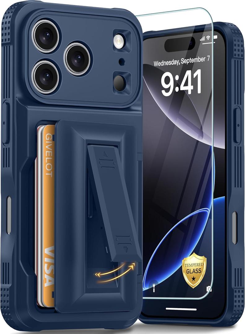 for iPhone 17 Pro Case with Card Holder4-5 Cards[9H Screen Protector ][Full Camera Protection][RFID Blocking][Hidden Kickstand] Rugged Heavy Duty Wallet Case for iPhone 17 Pro (Dark Blue)