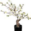 Faux Cherry Blossom Decor White Silk Flowers Arrangement 17.3" Small Cherry Blossom Flowers Tree Realistic Artificial Flowers with Vase Pot Fake Flowers for Home Office Table Centerpiece Wedding Decor