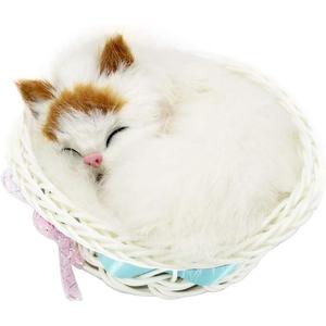 Sleeping Cat in Basket Doll Toy, Kitten in Basket with Meows Sounds Decor for Office Desk Hand Toy Gift for Kids Boys Girls