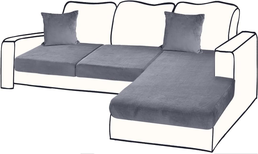 Sectional Couch Covers for 3-Piece Seat Cushion Velvet Separate L Shape Couch Cover Stretch Sofa Slipcover with 2 Pieces Pillowcases Furniture Protector (Sofa 2 Seater + 1 Chaise, Dark Grey)