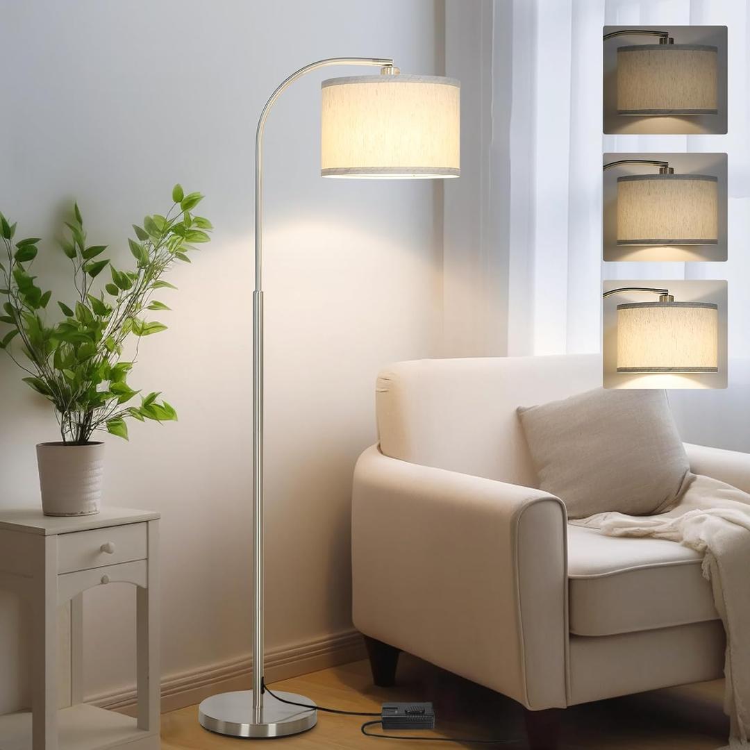Arc Floor Lamp, Dimmable Floor Lamp for Living Room, Standing Lamp with Adjustable Drum Shade, Tall Pole Lamp for Bedroom Study Room Office, 9W 3000K LED Bulb Included (Silver)